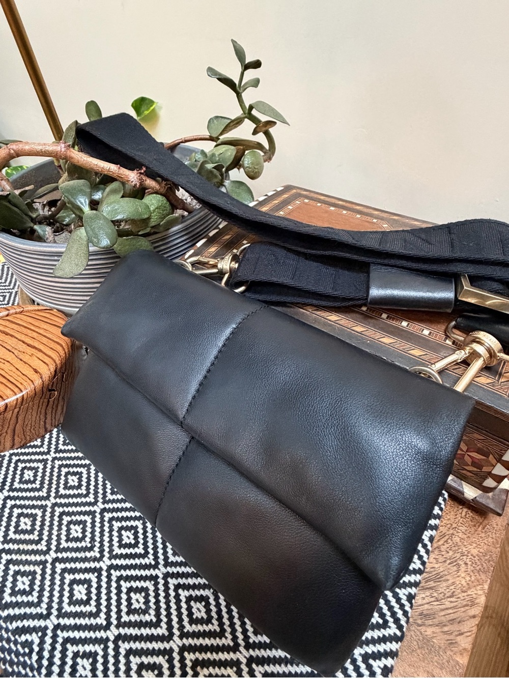 All Saint Black Leather EZRA Quilted Crossbody Bag.